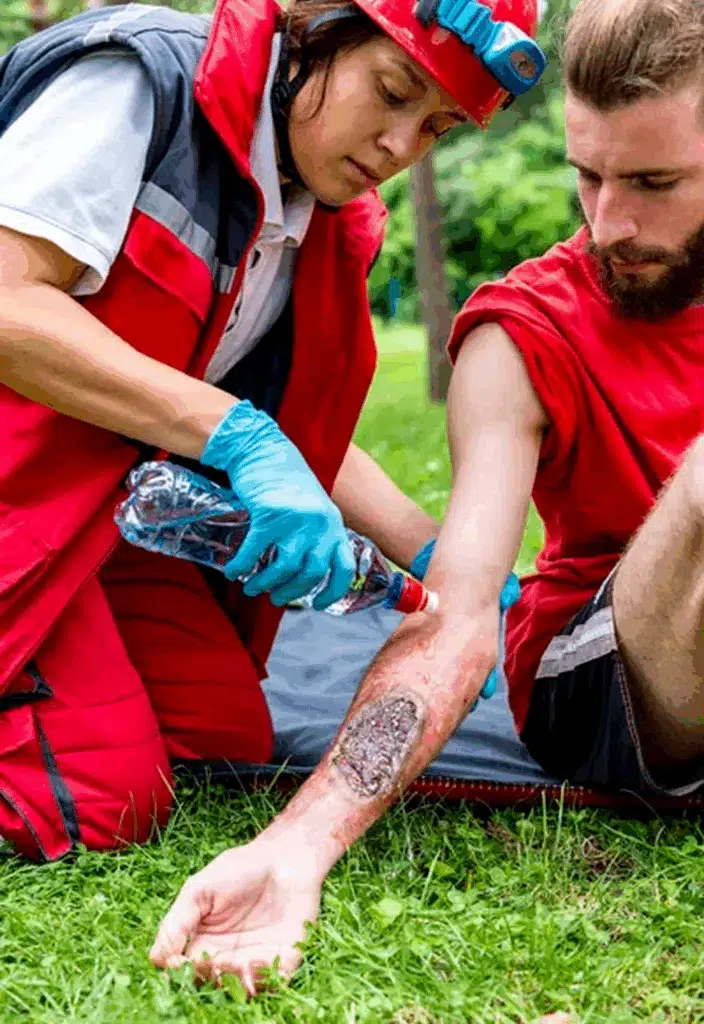 imgi_16_4-704x1024 Medical worker treating a burn on a male patient's arm using water and bandages in an outdoor setting.